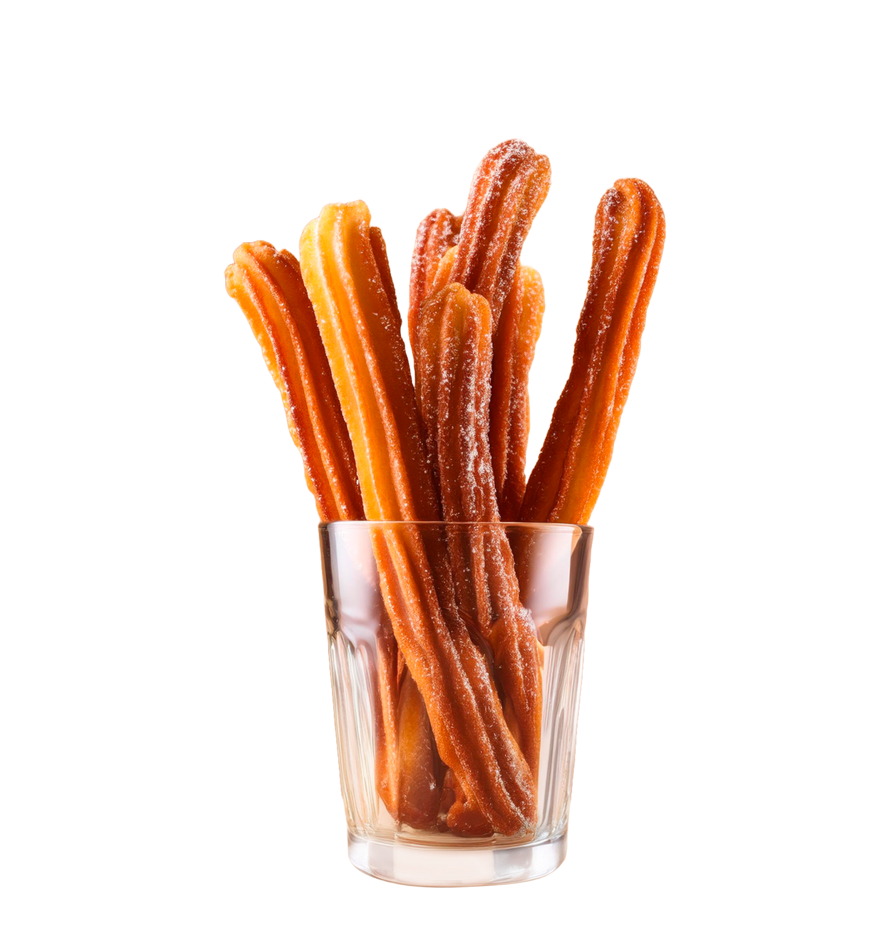 Sugar and cinnamon coated deep fried churros in a glass cup