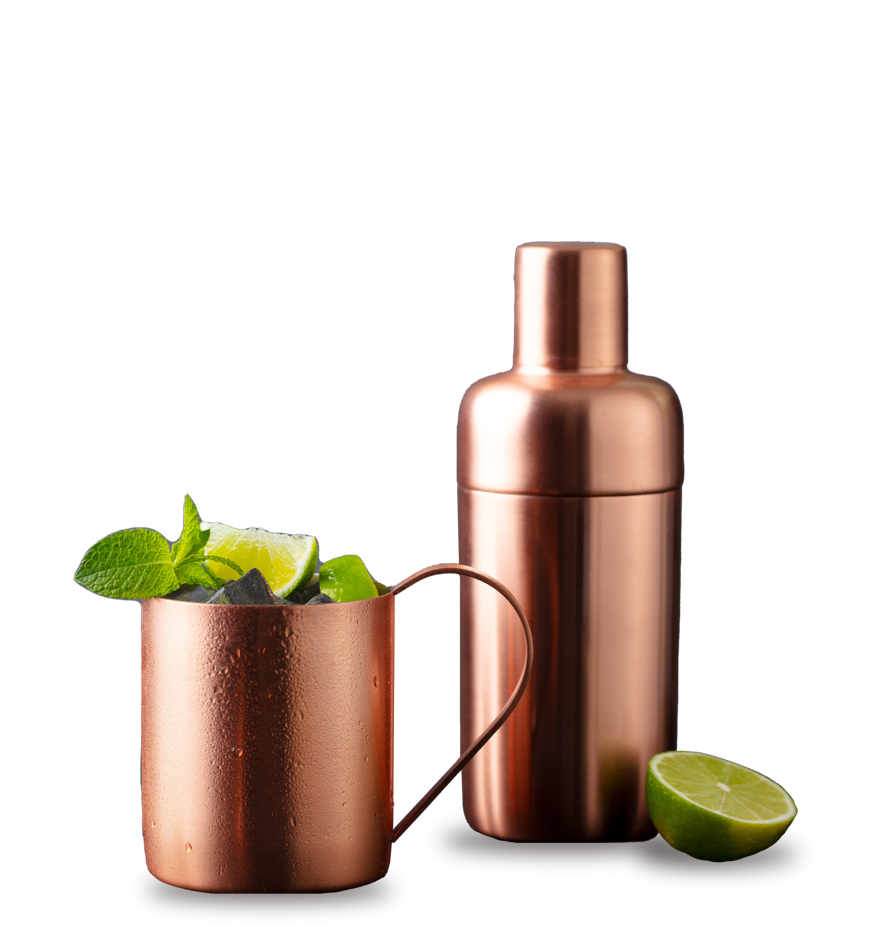 Moscow mule in a copper mug with a shaker