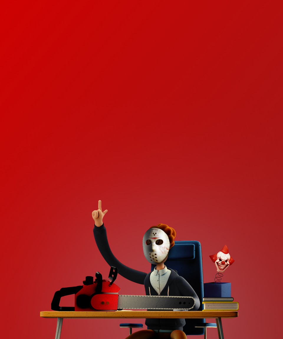 A horror movie enthusiast raising their hand at their desk to answer a question for Confetti's Horror Trivia (Small)