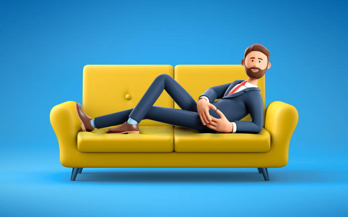 An employee in a suit laying outstretched on a couch for Confetti's Virtual Workplace Relaxation Techniques
