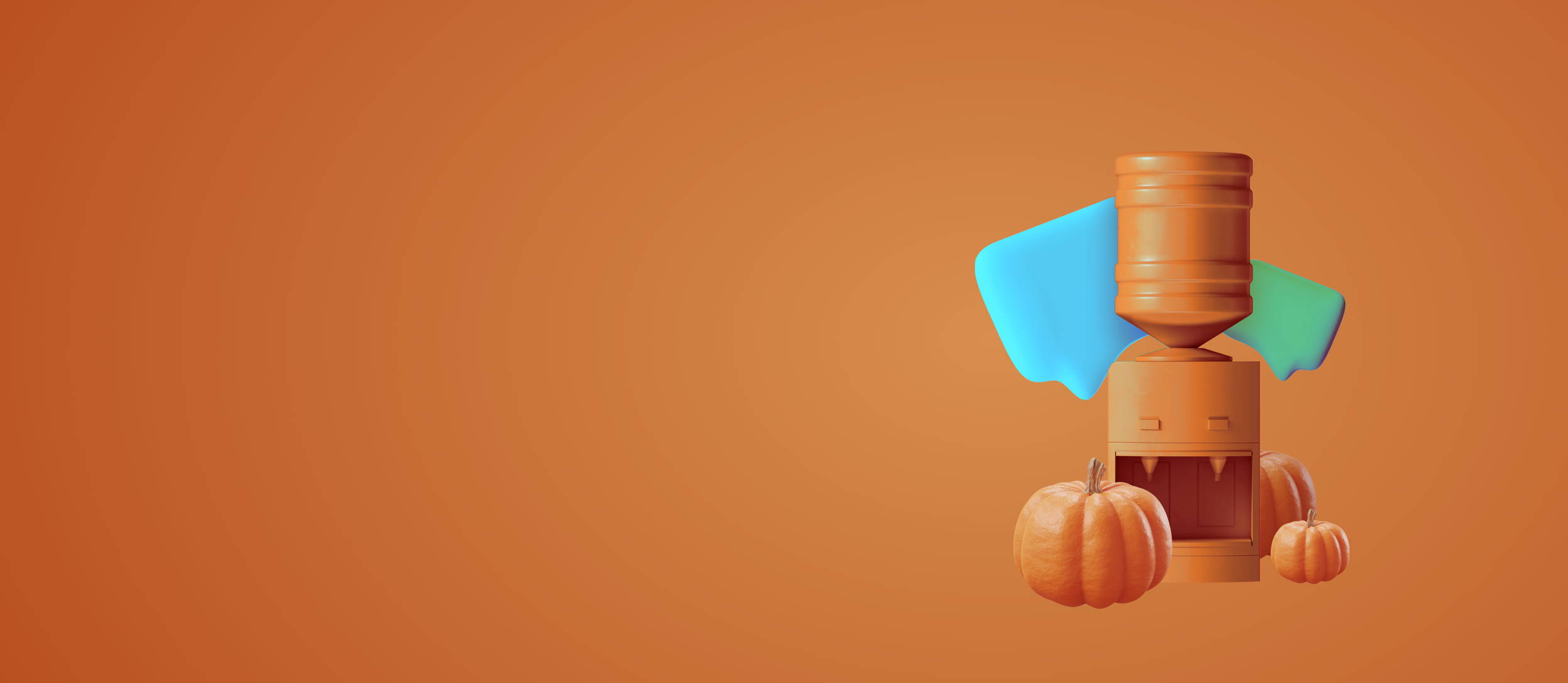 An orange water cooler surrounded by pumpkins and big speech bubbles for Confetti's Virtual Fall Icebreaker Questions