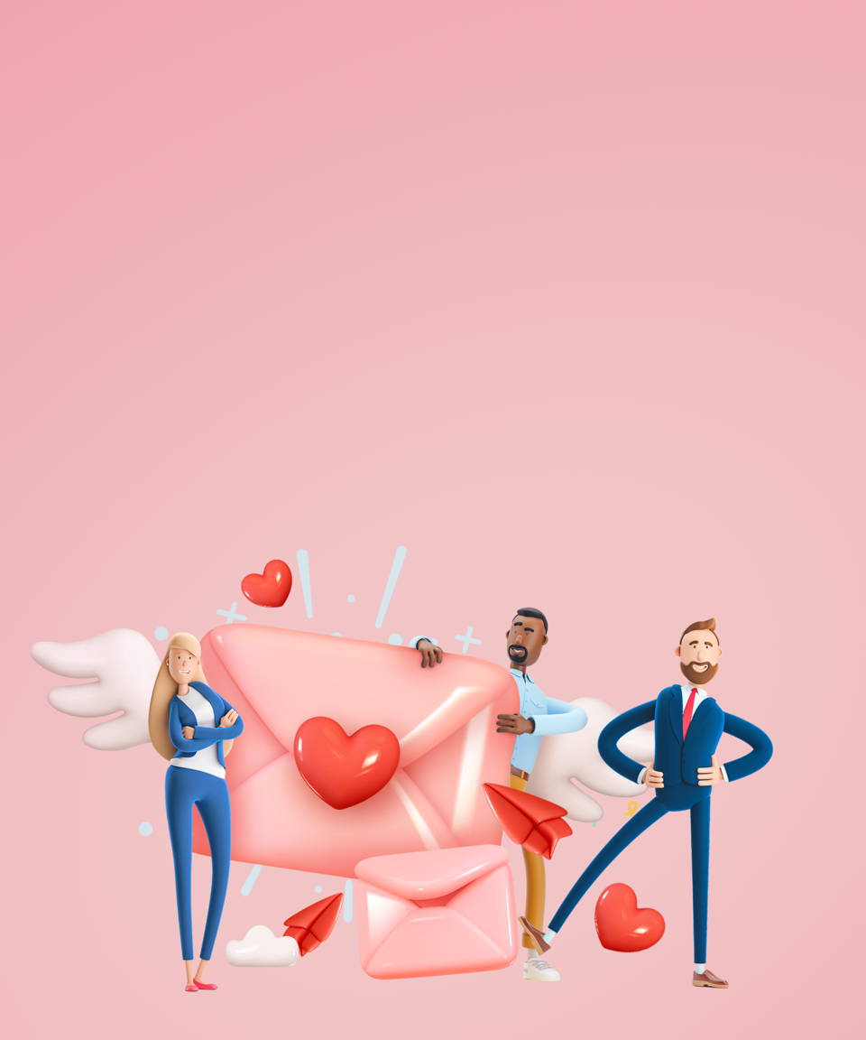Three employees standing around two large love letters sprouting angel wings for Confetti's Virtual Valentine's Day Coworker Feud
