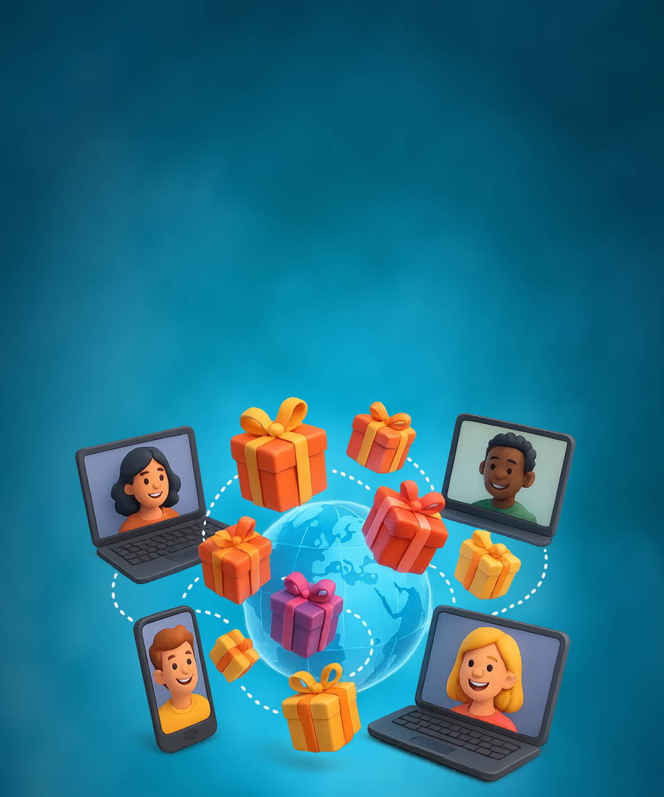 An image of multiple people on computer screens around the world with gifts rotating around them