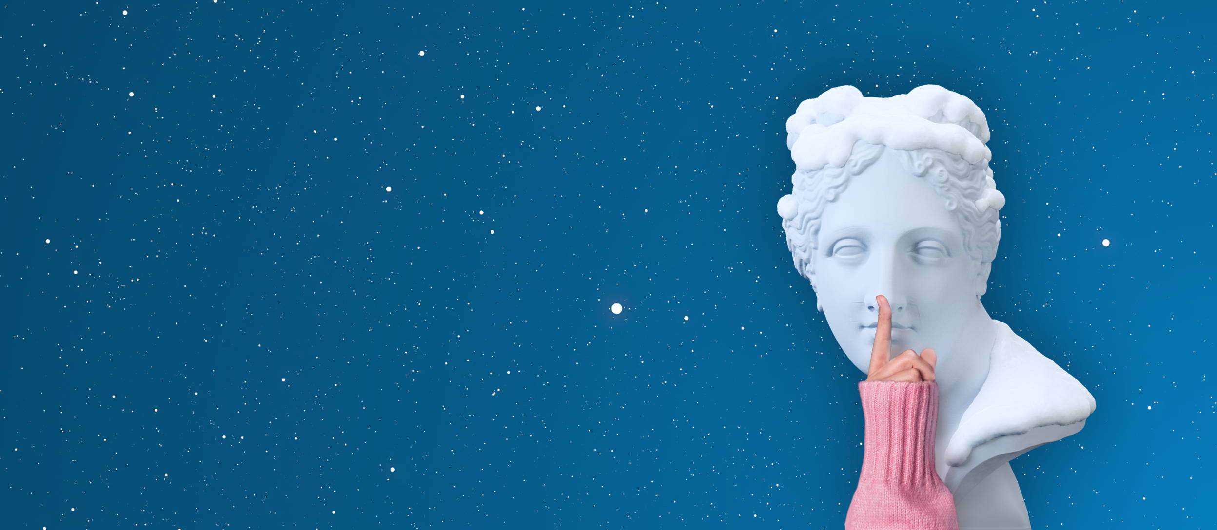 A bust in front of snow with an arm in a sweater making a be quiet gesture for Confetti's Holiday Taboo (Large)