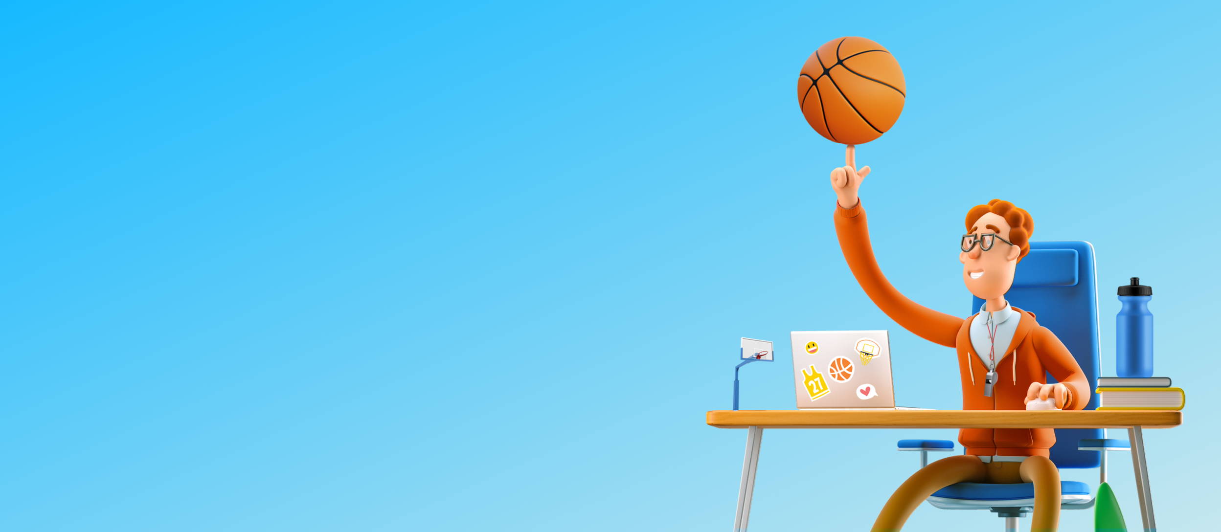 An employee spinning a basketball on their finger at their desk for Confetti's Virtual Online Group Games Trivia 