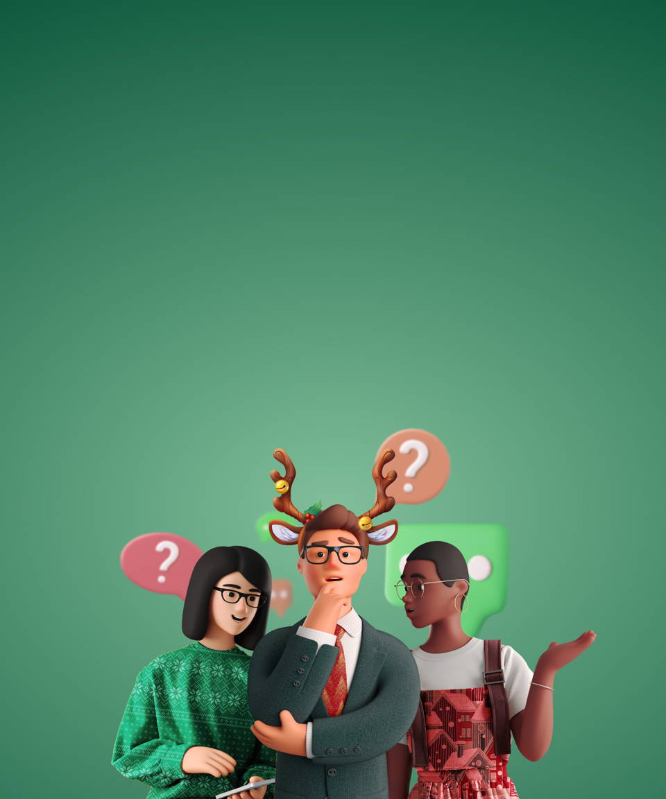 Three people dressed in festive attire making guesses with various question mark speech bubbles for Confetti's Virtual Holiday Codeword