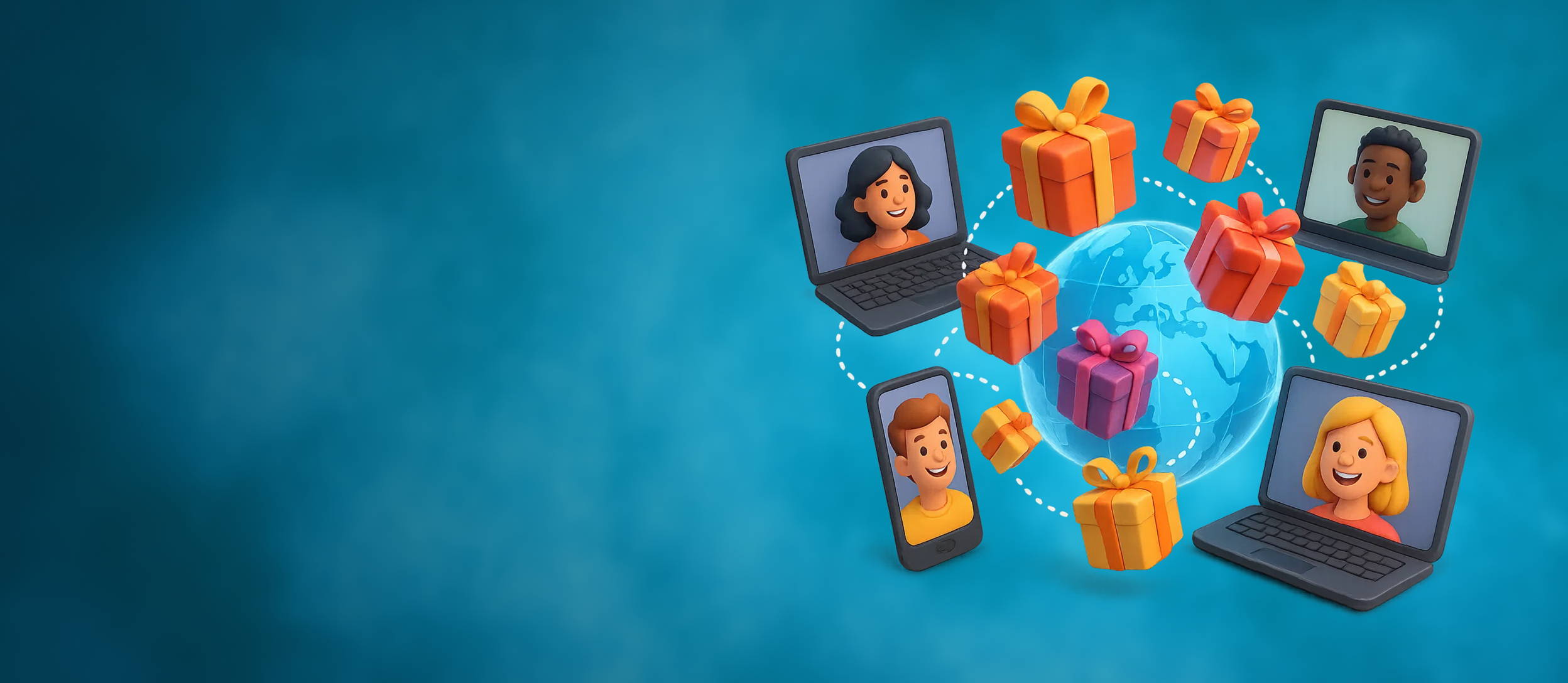 An image of multiple people on computer screens around the world with gifts rotating around them