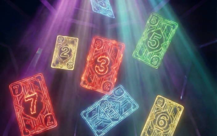 Colorful, numbered game cards falling from the sky