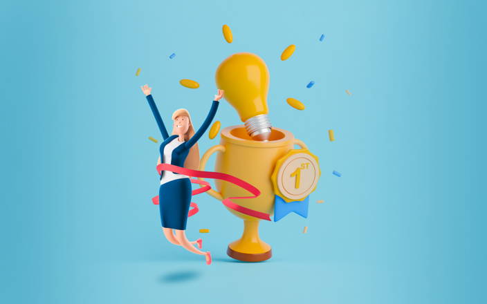 A woman celebrating in front of a yellow lightbulb in a winners trophy with a winners ribbon surrounded by confetti