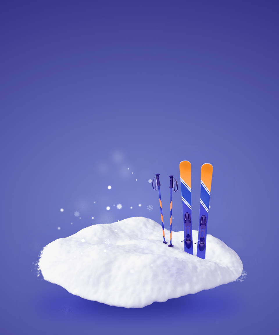 Skis and ski poles stuck in the snow for Confetti's Virtual Winter Sports Racing