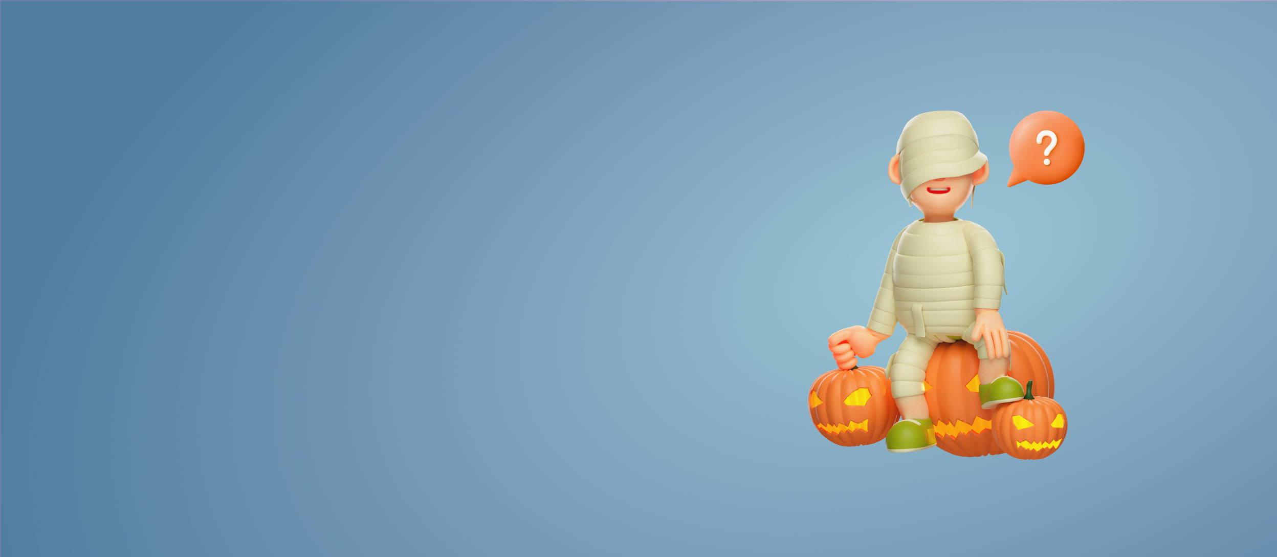 A person dressed as a mummy sitting on pumpkins playing Guess Who for Confetti's Virtual Get to Know You Games