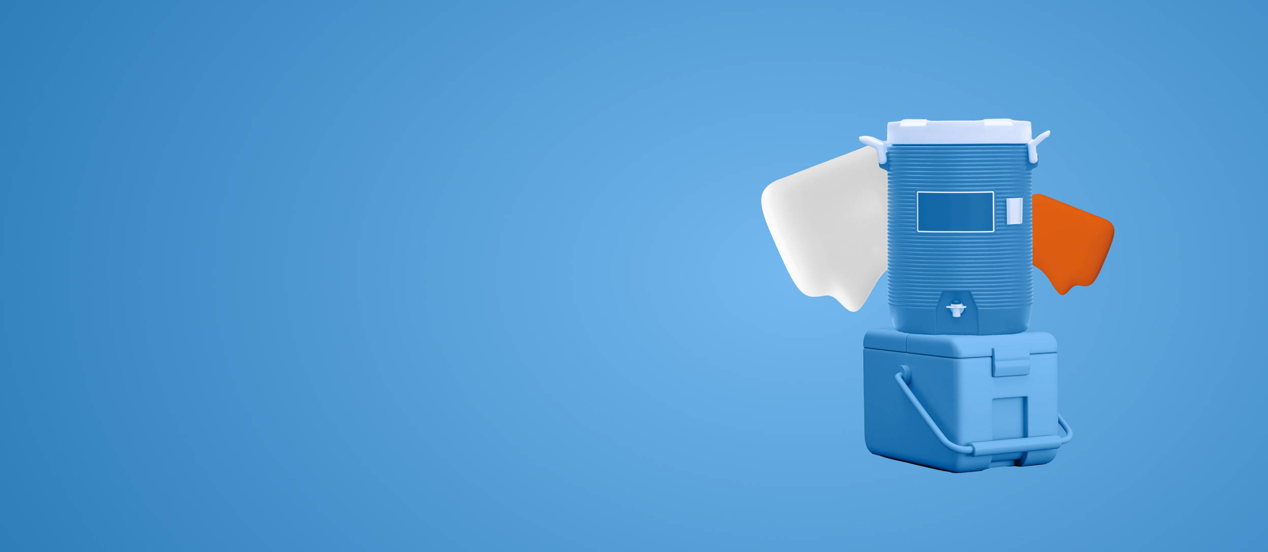 Speech bubbles behind a blue water cooler sitting on a square cooler for Confetti's Virtual Summer Icebreaker Questions