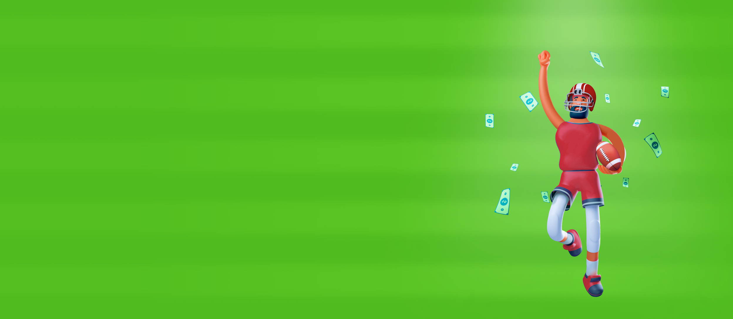 A football player celebrating while money rains down around him for Confetti's Virtual NFL Jeopardy