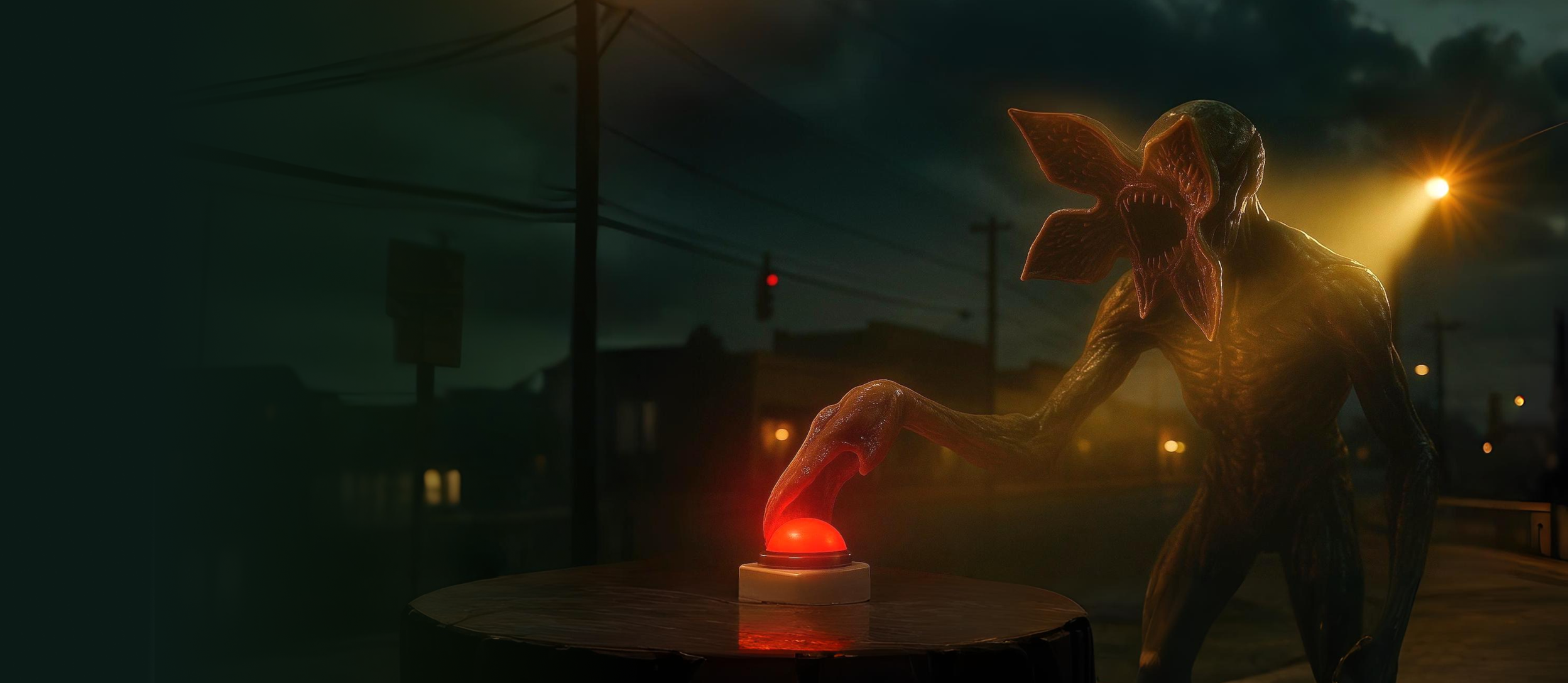 A demogorgon standing in the street, with its "hand" hovering over a red buzzer
