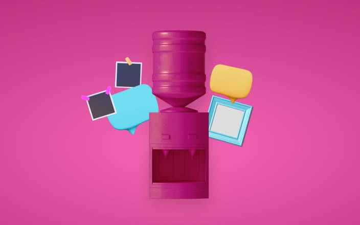 A pink water cooler surrounded by various notes and picture frames for Confetti's Virtual Show and Tell Game