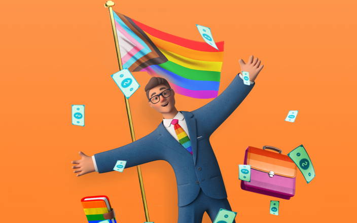 LGBTQIA+ employee jumping in joy with briefcase, notebook, and money (preview)