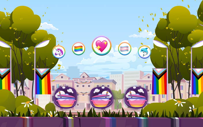 Three sprouts with rainbow bows sprouting out between two large trees dressed in rainbow garlands with a rainbow in the sky for Confetti's Virtual Pride Games