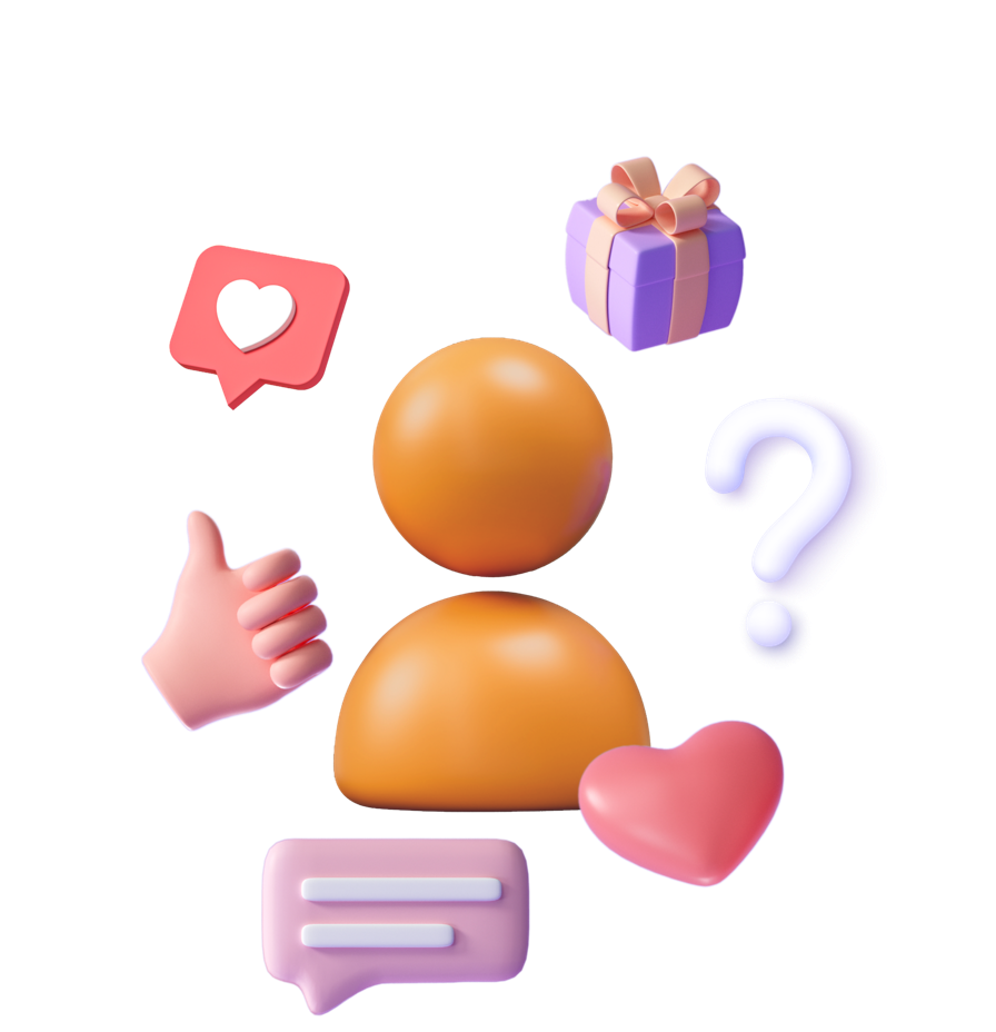 Anonymous icon surrounded by chat bubbles, a question mark, gift, thumbs up, and hearts