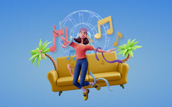 Music notes surrounding a person in front of their couch for Confetti's Virtual Music Festival