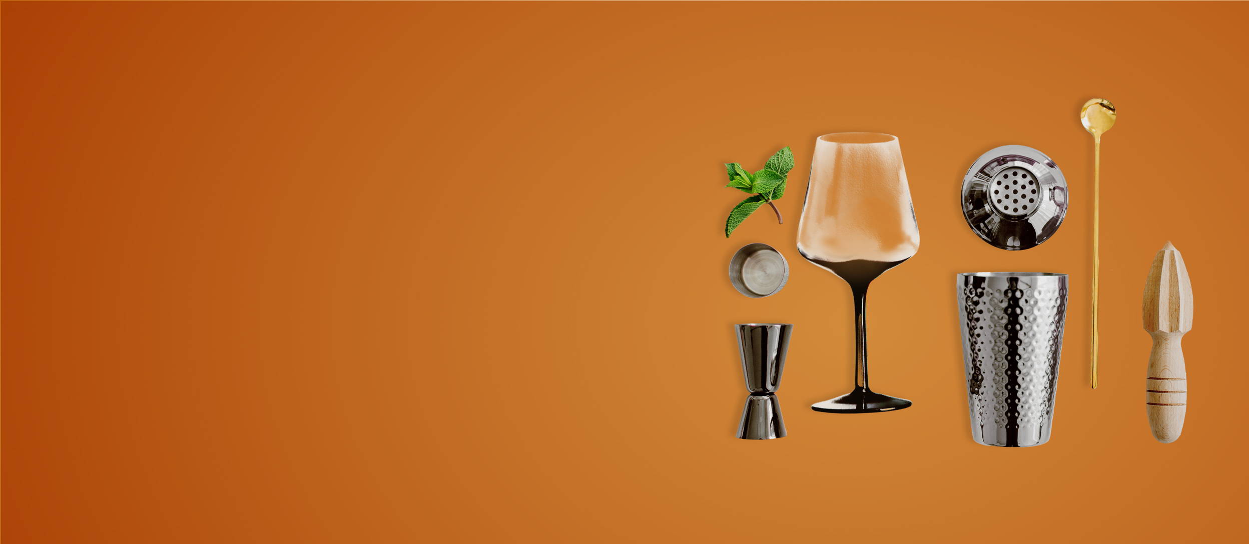 Various bartending supplies next to a glass and a sprig of herbs for Confetti's Virtual BYO Black History Mixology Course