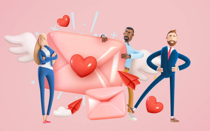 Three employees standing around two large love letters sprouting angel wings for Confetti's Virtual Valentine's Day Family Feud
