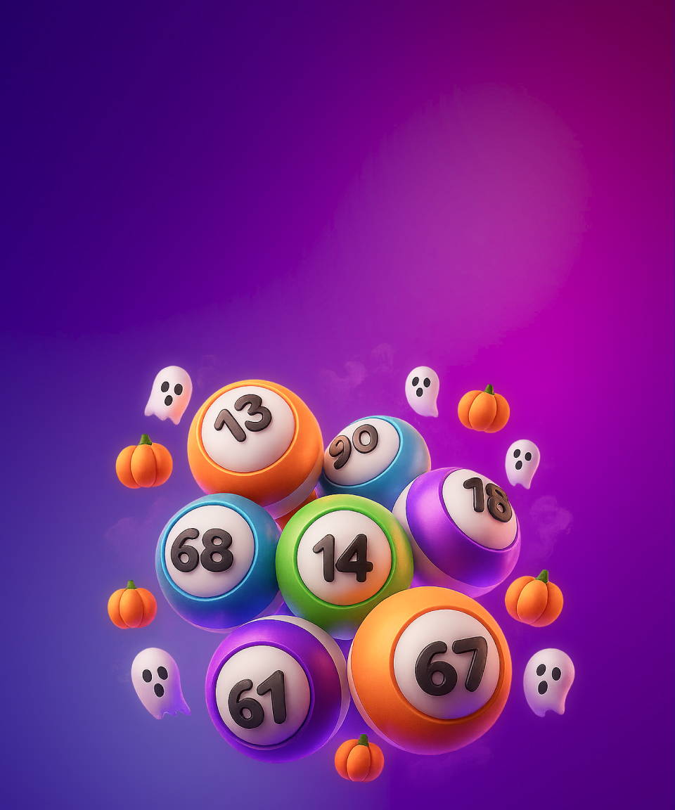 Multiple bingo balls with different numbers, surrounded by floating ghosts and pumpkins