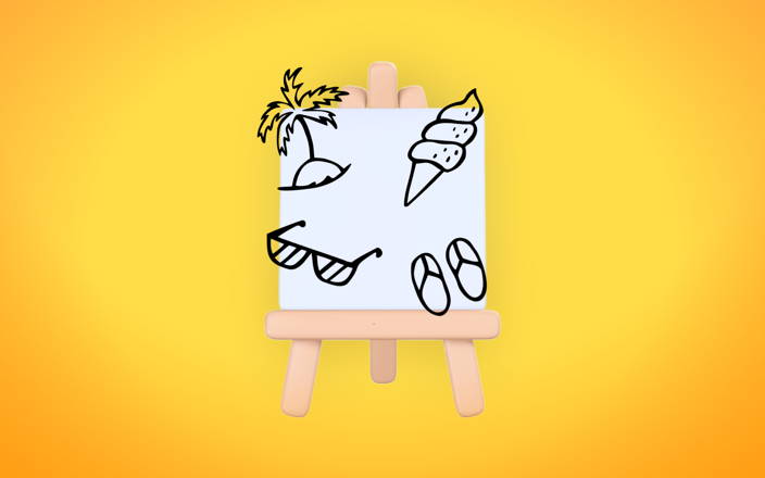 Drawing of palm tree, ice cream, sunglasses, and slippers on easel (preview)