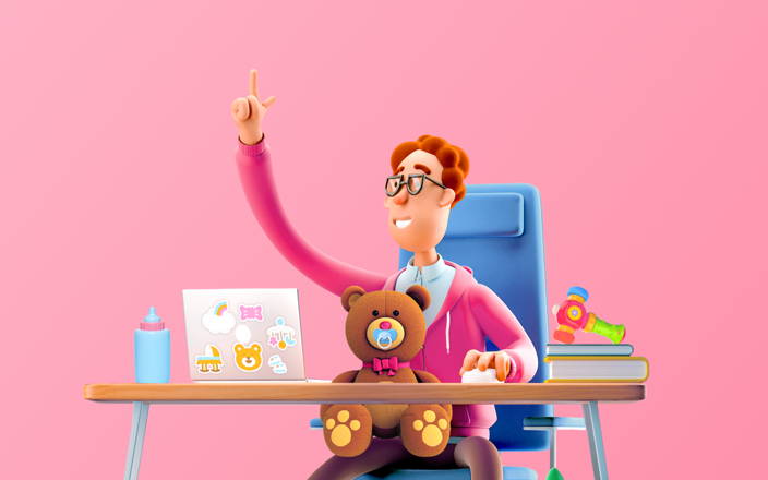 An employee raising their hand at their desks covered in baby related items like a toy, bottle, and teddy bear for Confetti's Virtual Team Building Trivia Games