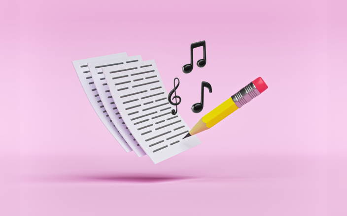 Pencil writing lyrics on a piece of paper with flying musical notes (preview)