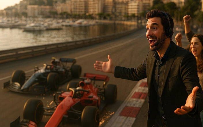Excited announcer at an F1 race with two cars driving/racing by