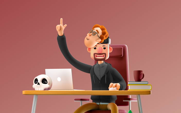 A scheming employee sitting at their desk next to a spooky skull, wearing a deceiving mask of another employee's face for Confetti's Virtual Fibbage Online