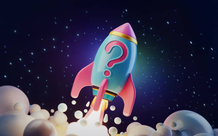 Flying rocket in outer space with question mark (preview)
