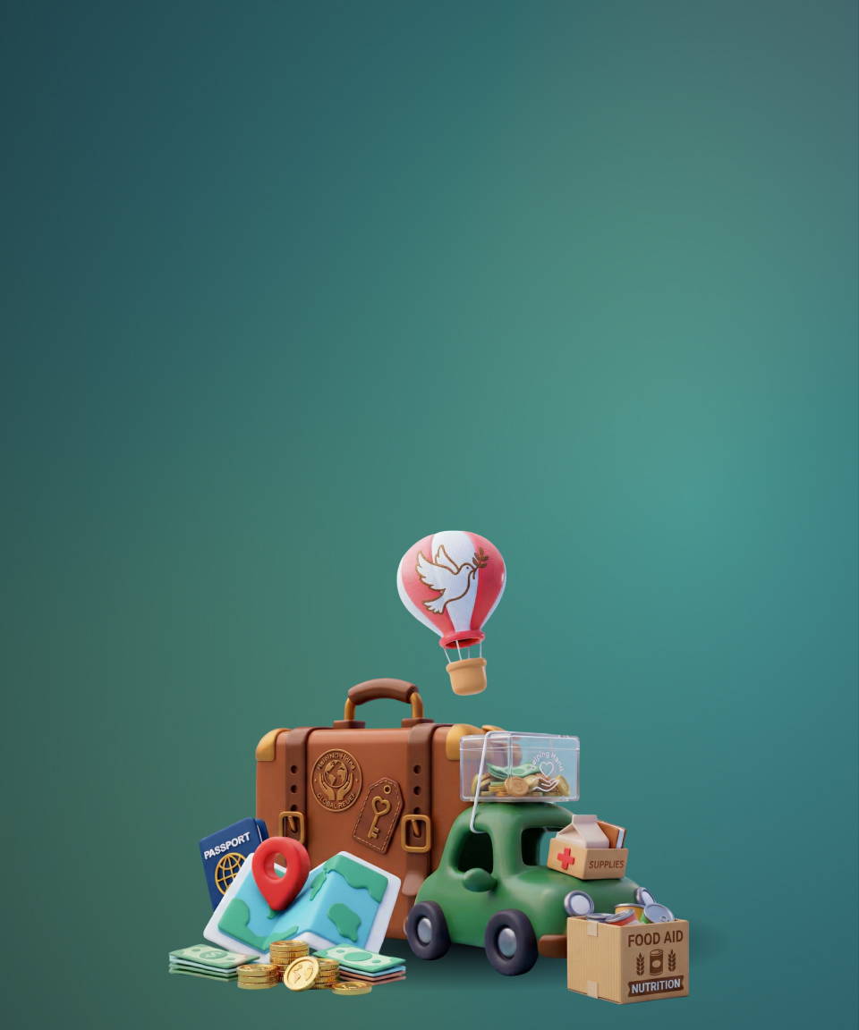 A giant suitcase, a map, a small green car, a passport, a hot air balloon, a pile of money, boxes of food & first aid supplies and a money donation bin, all on a blue backdrop.