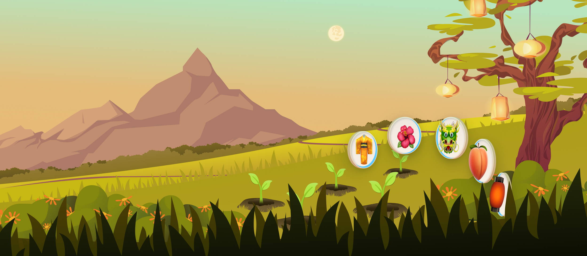 Trees sprouting from the ground underneath round circles with icons of AAPI culture next to two large trees decorated with paper lanterns for Confetti's Virtual AAPI Games