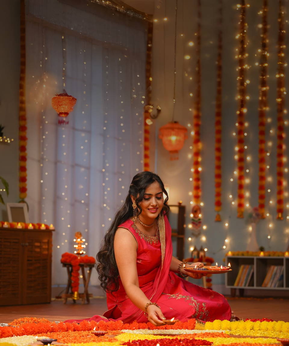 Indian woman sitting on the floor celebrating the holiday of Diwali, surrounded by bright colors, lights, and flowers.