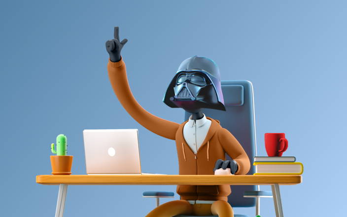 Man with a Darth Vader mask sitting at work desk (preview)
