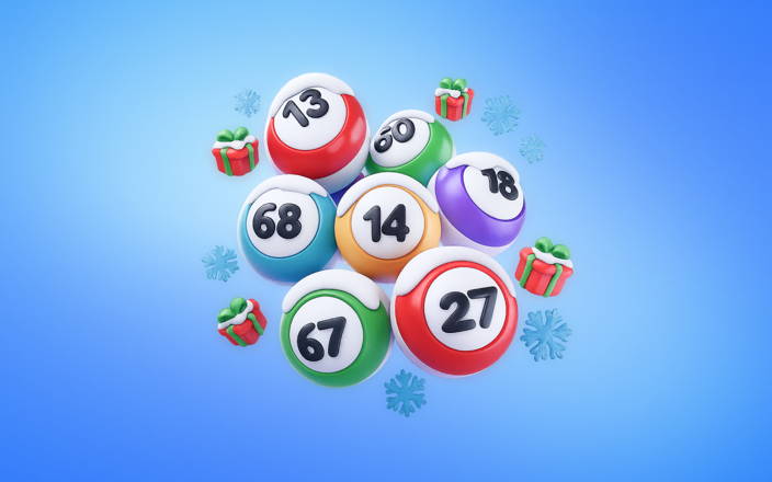 Frosted bingo balls with floating presents & icicles  