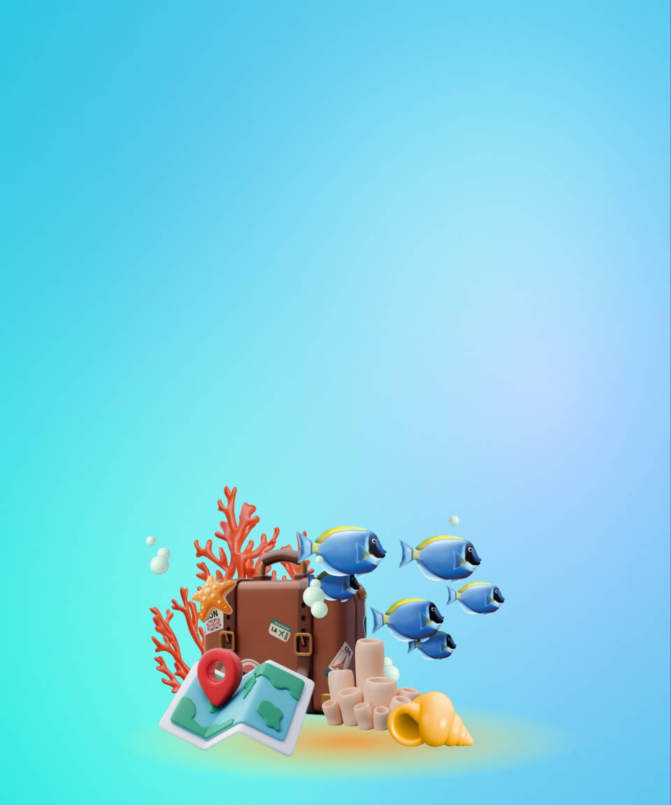 Underwater scene: coral, fish, & shells, but also with a suitcase & a map, all on a blue background. 