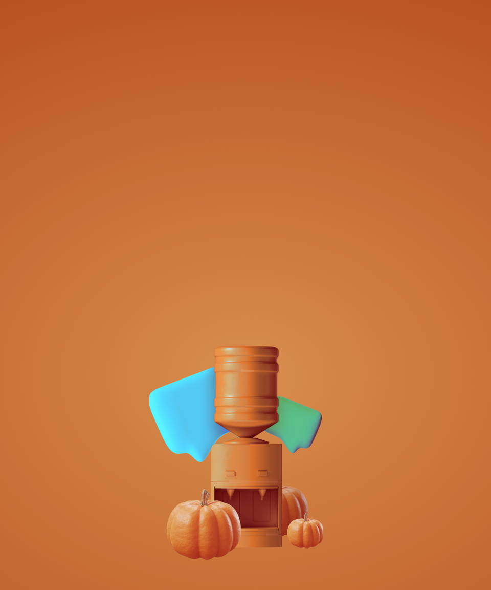 An orange water cooler surrounded by pumpkins and big speech bubbles for Confetti's Virtual Fall Water Cooler 