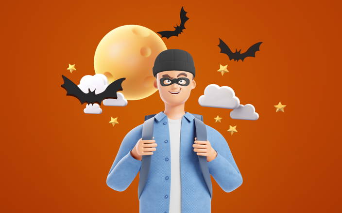 A person wearing a black beanie, an eye mask, and a backpack with a mischievous look in their eye for Confetti's Virtual Werewolf Games