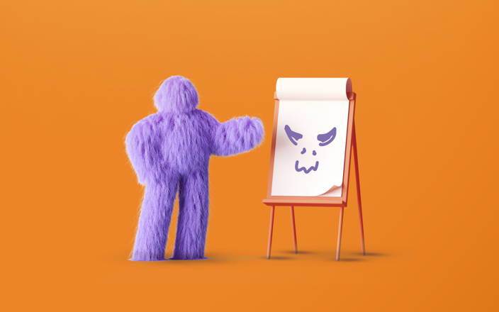 Fluffy purple monster standing in front of an easel and pad (Preview)