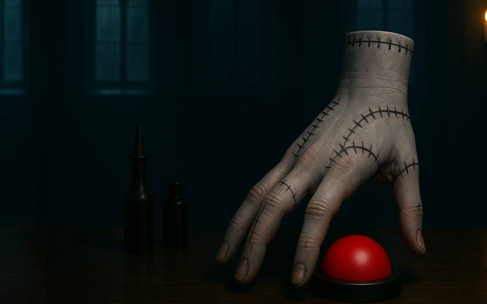 The Thing from Addams Family standing next to a red trivia button