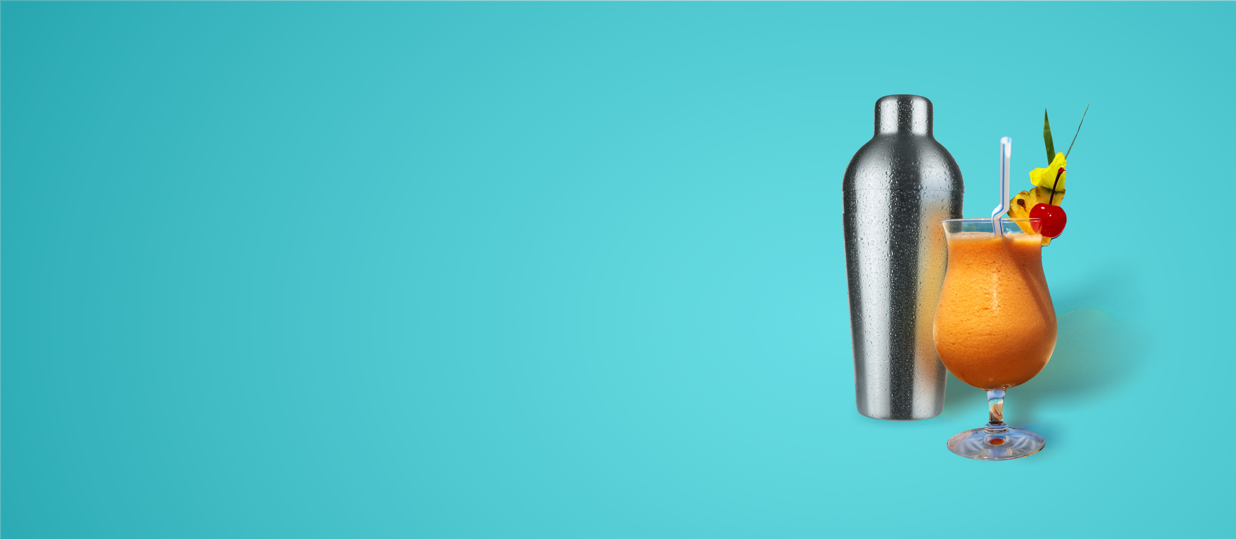 A fruity summer cocktail in front of a metal shaker for Confetti's Virtual Cocktail Class
