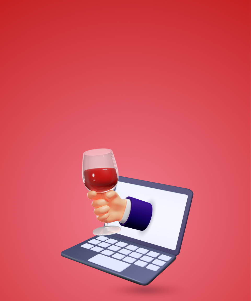 Hand reaching out of laptop holding a glass of wine (small)