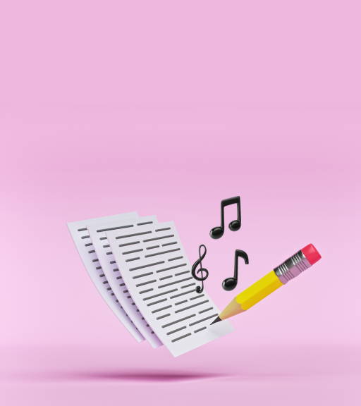 Pencil writing lyrics on a piece of paper with flying musical notes (small)