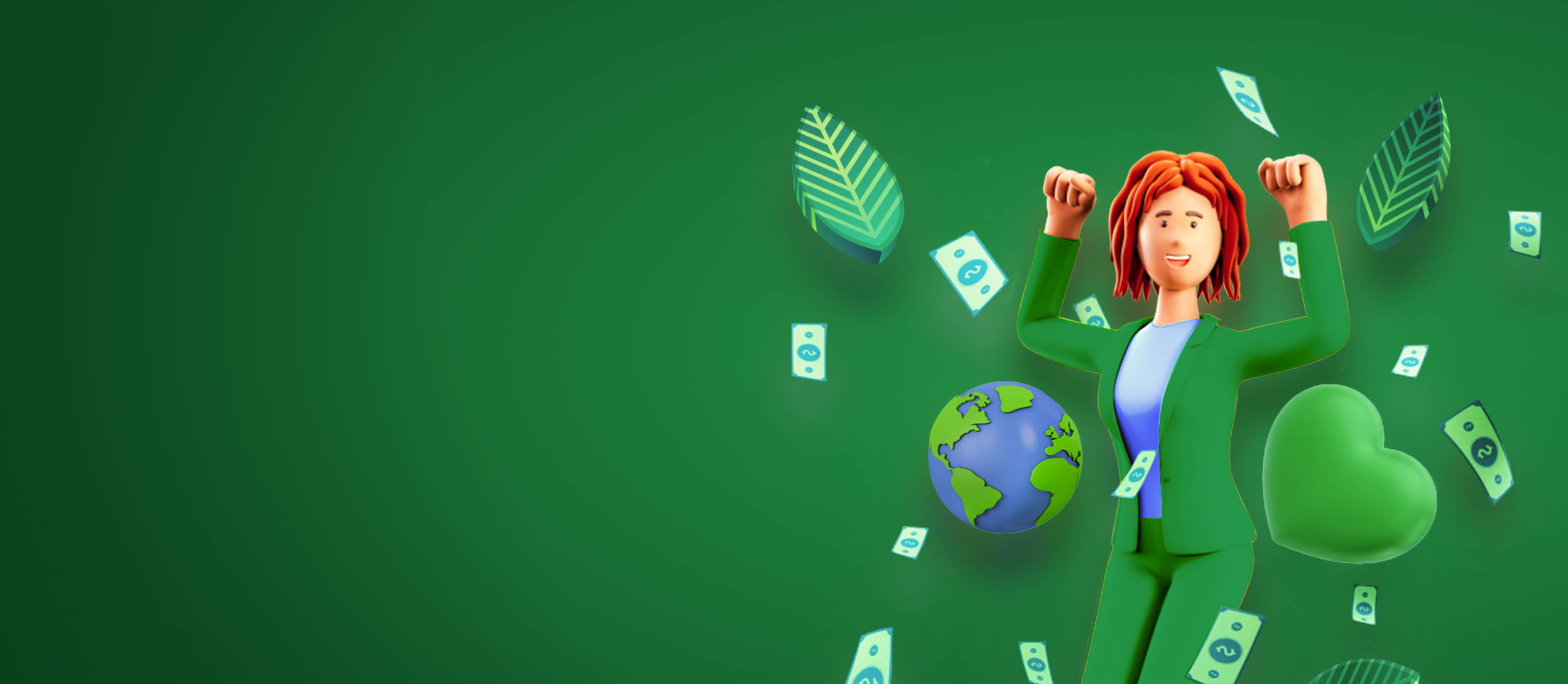 Businesswoman in green suit jumping up with an Earth, green heart, and money bills (large)