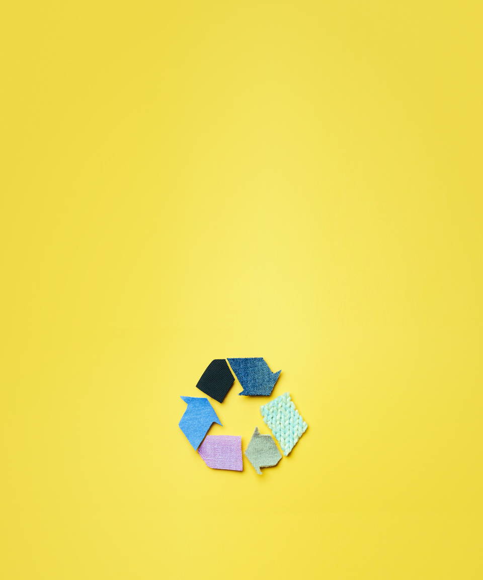 A recycling logo made of colorful scraps of various fabric for Confetti's Virtual Zero Waste 101 