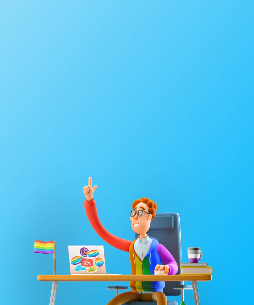 An employee wearing a rainbow striped hoodie at their desk adorned in Pride gear for Confetti's Virtual LGBTQIA+ History & Culture Trivia