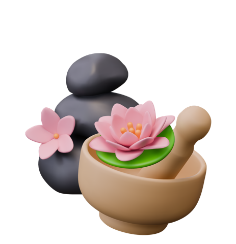 A mortar and pestle, lotus flowers, and a stack of rocks 