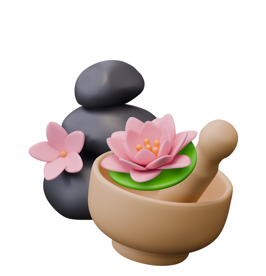 A mortar and pestle, lotus flowers, and a stack of rocks 